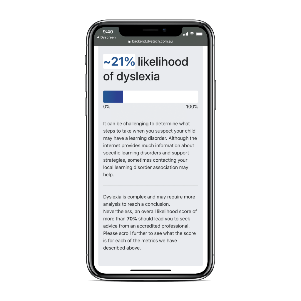 Dyscreen step 3: dyslexia likelihood report